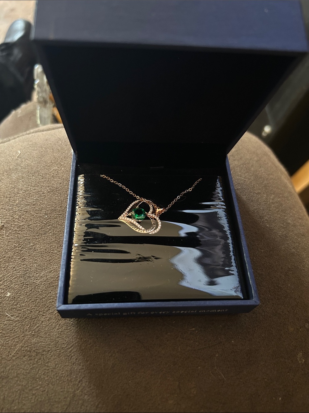 Rose Gold Heart Necklace with Green Center Stone